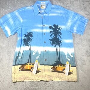 VTG Ron Chereskin Hawaiian Button Shirt XL Palm Trees Surf Wagon Beach Rayon